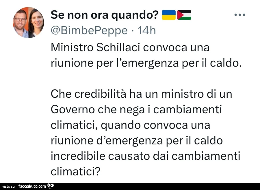 Ministro schillaci convoca una riunione per l'emergenza per il caldo. Che credibilità ha un ministro di un governo che nega i cambiamenti climatici, quando convoca una riunione d'emergenza per il caldo incredibile causato dai cambiamenti climati