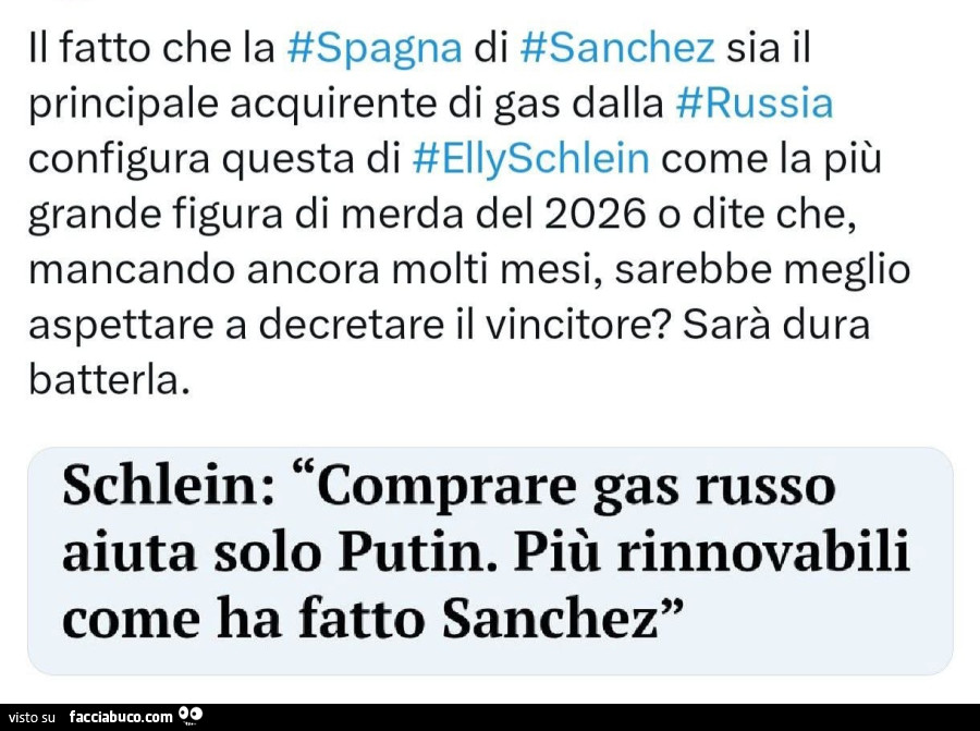 Schlein: comprare gas russo aiuta solo putin. Più rinnovabili come ha fatto sanchez