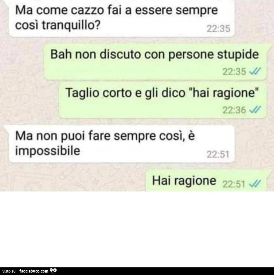 Ma come cazzo fai a essere sempre così tranquillo? Bah non discuto con persone stupide taglio corto e gli dico hai ragione. Ma non puoi fare sempre così, è impossibile. Hai ragione