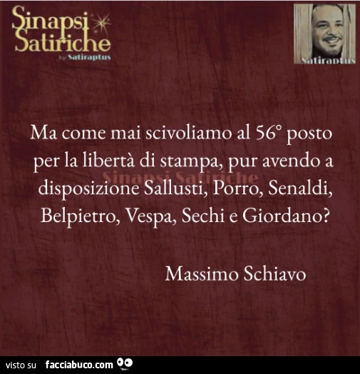 Ma come mai scivoliamo al 56ยฐ posto per la libertร di stampa, pur avendo a disposizione sallusti, porro, senaldi, belpietro, vespa, sechi e giordano?