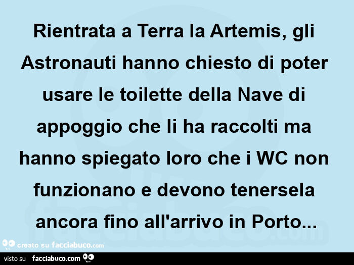 Rientrata a terra la artemis, gli astronauti hanno chiesto di poter usare le toilette della nave di appoggio che li ha raccolti ma hanno spiegato loro che i wc non funzionano e devono tenersela ancora fino all'arrivo in porto