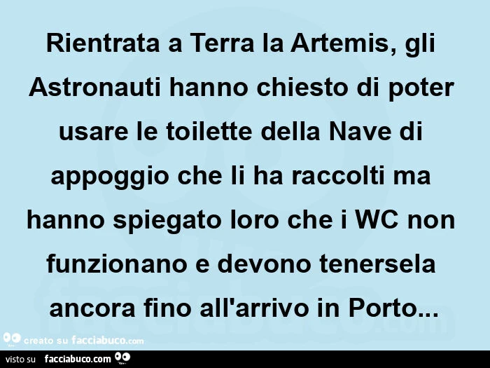 Rientrata a terra la artemis, gli astronauti hanno chiesto di poter usare le toilette della nave di appoggio che li ha raccolti ma hanno spiegato loro che i wc non funzionano e devono tenersela ancora fino all'arrivo in porto