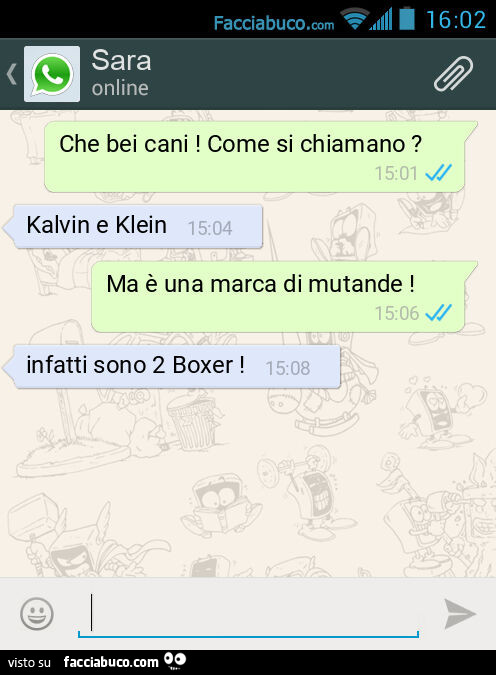 Che bei cani! Come si chiamano? Kalvin e Klein. Ma è una marca di mutande! Infatti sono 2 Boxer