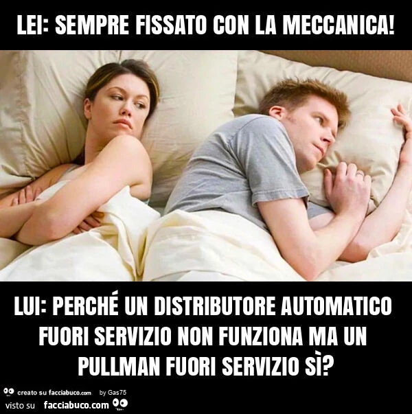 Lei: sempre fissato con la meccanica! Lui: perché un distributore automatico fuori servizio non funziona ma un pullman fuori servizio sì?