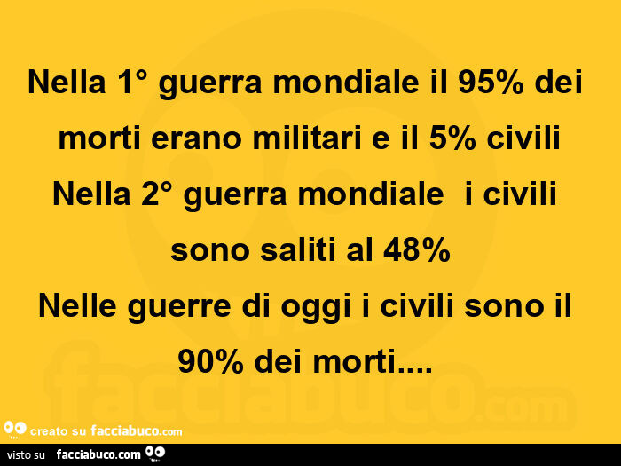 Nella 1° guerra mondiale il 95% dei morti erano militari e il 5% civili nella 2° guerra mondiale i civili sono saliti al 48% nelle guerre di oggi i civili sono il 90% dei morti