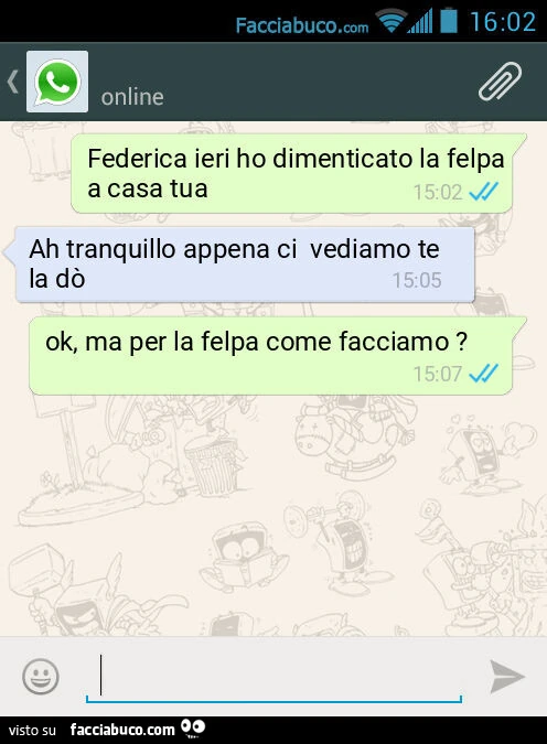 Federica ieri ho dimenticato la felpa a casa tua. Ah tranquillo appena ci vediamo te la dò. Ok, ma per la felpa come facciamo?