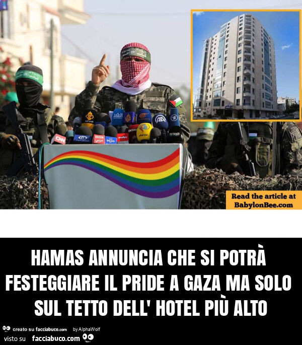 Hamas annuncia che si potrà festeggiare il pride a gaza ma solo sul tetto dell' hotel più alto