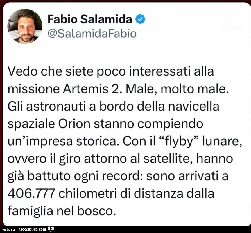 Vedo che siete poco interessati alla missione artemis 2. Male, molto male. Gli astronauti a bordo della navicella spaziale orion stanno compiendo un'impresa storica. Con il flyby lunare, ovvero il giro attorno al satellite, hanno giร battuto ogni rec