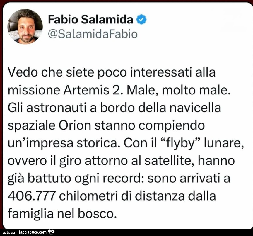 Vedo che siete poco interessati alla missione artemis 2. Male, molto male. Gli astronauti a bordo della navicella spaziale orion stanno compiendo un'impresa storica. Con il flyby lunare, ovvero il giro attorno al satellite, hanno già battuto ogni rec