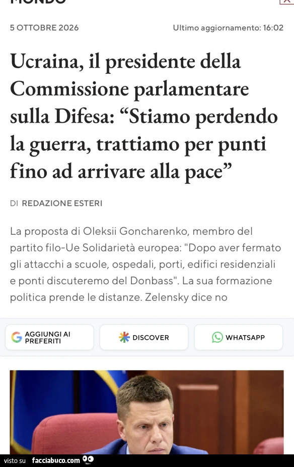 Ucraina, il presidente della commissione parlamentare sulla difesa: istiamo perdendo la guerra, trattiamo per punti fino ad arrivare alla pace