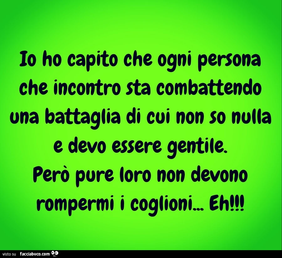 Io ho capito che ogni persona che incontro sta combattendo una battaglia di cui non so nulla e devo essere gentile. Perรฒ pure loro non devono rompermi i coglioni… eh