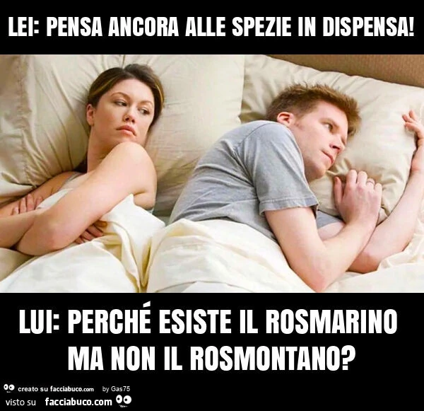 Lei: pensa ancora alle spezie in dispensa! Lui: perché esiste il rosmarino ma non il rosmontano?