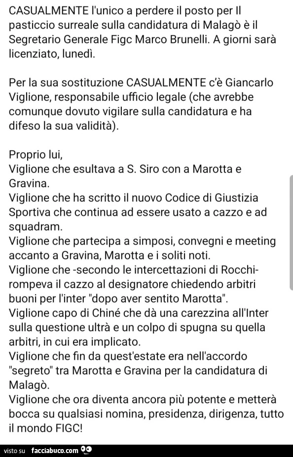 Casualmente l'unico a perdere il posto per il pasticcio surreale sulla candidatura di malagò è il segretario generale figc