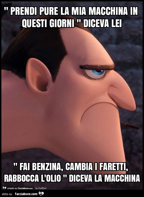 " prendi pure la mia macchina in questi giorni " diceva lei " fai benzina, cambia i faretti, rabbocca l'olio " diceva la macchina