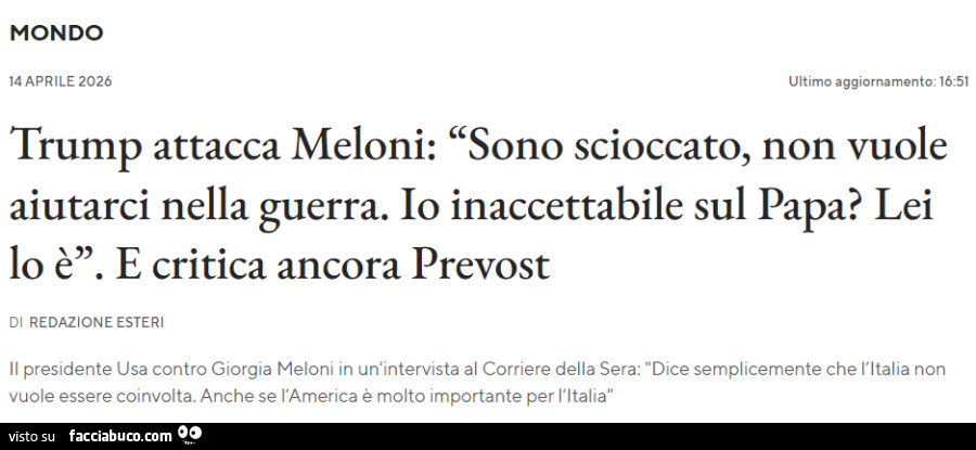 Trump attacca meloni: sono scioccato, non vuole aiutarci nella guerra. Io inaccettabile sul papa? Lei lo è. E critica ancora prevost di redazione esteri il presidente usa