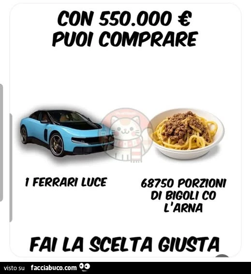 Con 550.000€ puoi comprare 1 ferrari luce o 68750 porzioni di bigoli co l'arna fai la celta giusta