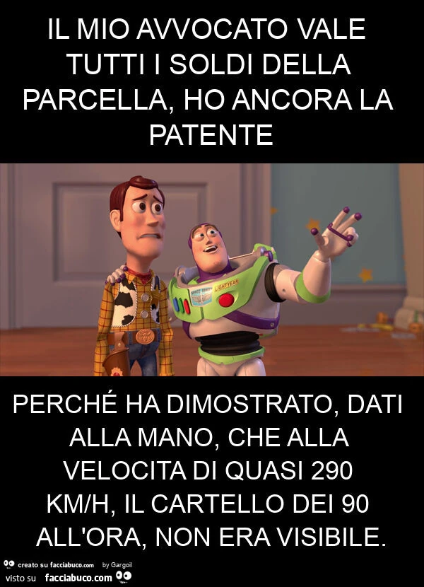 Il mio avvocato vale tutti i soldi della parcella, ho ancora la patente perché ha dimostrato, dati alla mano, che alla velocita di quasi 290 km/h, il cartello dei 90 all'ora, non era visibile