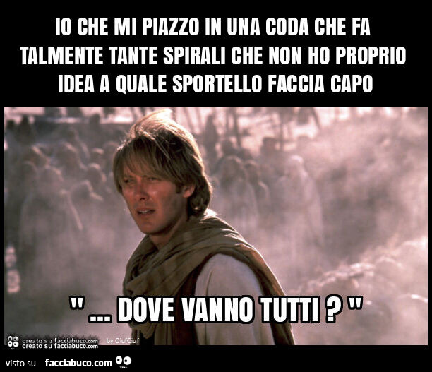 Io che mi piazzo in una coda che fa talmente tante spirali che non ho proprio idea a quale sportello faccia capo