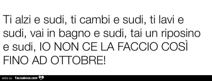 Ti alzi e sudi, ti cambi e sudi, ti lavi e sudi, vai in bagno e sudi, tai un riposino e sudi, io non ce la faccio così fino ad ottobre