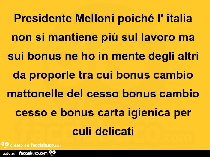 Presidente melloni poiché l' italia non si mantiene più sul lavoro ma sui bonus ne ho in mente degli altri da proporle tra cui bonus cambio mattonelle del cesso bonus cambio cesso e bonus carta igienica per culi delicati 