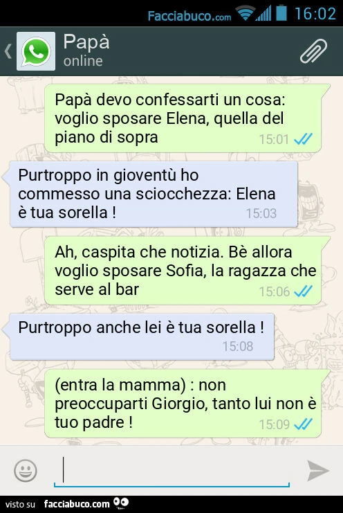 Papà devo confessarti un cosa: voglio sposare Elena, quella del piano di sopra. Purtroppo in gioventù ho commesso una sciocchezza: Elena è tua sorella! Ah, caspita che notizia. Bè allora voglio sposare Sofia, la ragazza che serve al bar. Purtroppo anche l