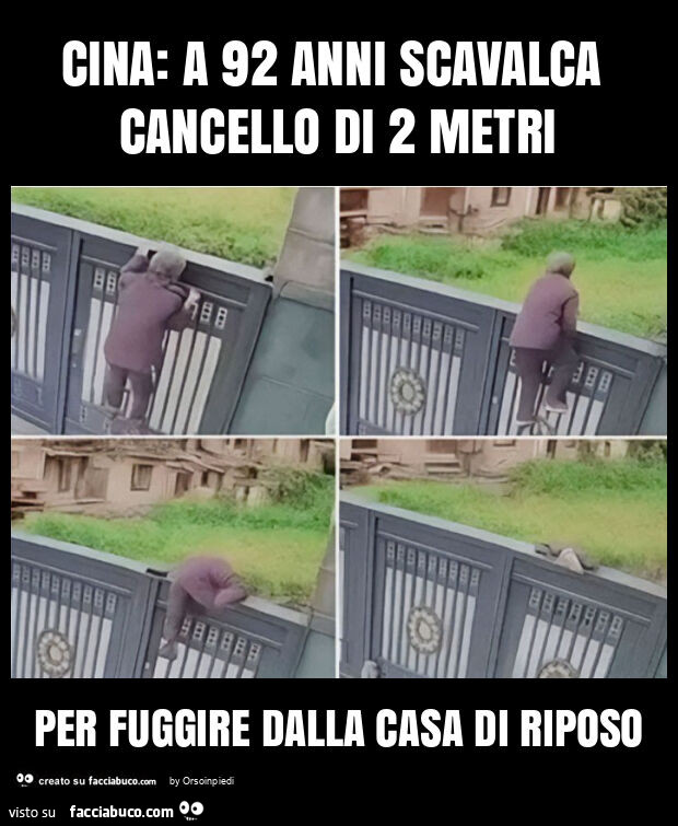 Cina: a 92 anni scavalca cancello di 2 metri per fuggire dalla casa di riposo