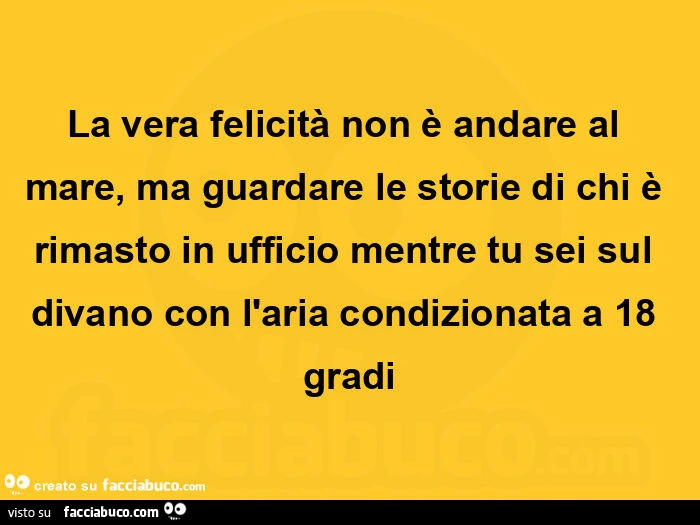 La vera felicità non è andare al mare, ma guardare le storie di chi è rimasto in ufficio mentre tu sei sul divano con l'aria condizionata a 18 gradi