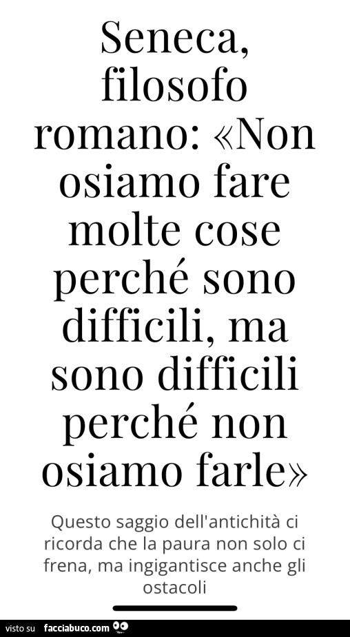 Seneca, filosofo romano: non osiamo fare molte cose perché sono difficili, ma sono difficili perché non osiamo farle. Questo saggio dell'antichità ci ricorda che la paura non solo ci frena, ma ingigantisce anche gli ostacoli