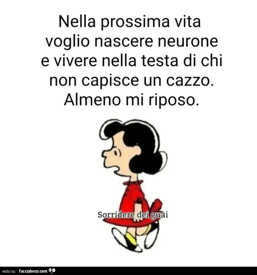 Nella prossima vita voglio nascere neurone e vivere nella testa di chi non capisce un cazzo. Almeno mi riposo