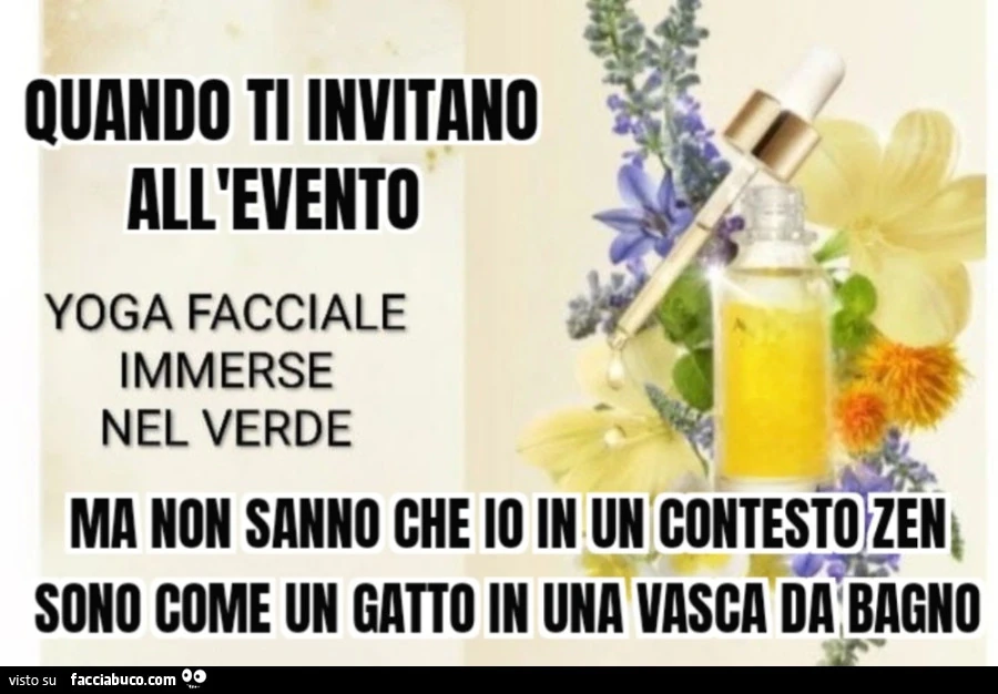 Quando ti invitano all'evento yoga facciale immerse nel verde ma non sanno che io in un contesto zen sono come un gatto in una vasca da bagno