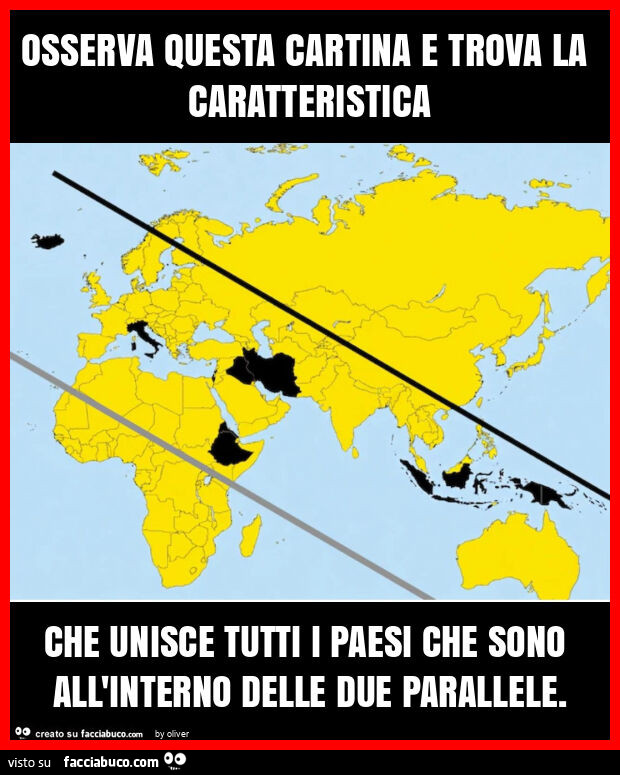 Osserva questa cartina e trova la caratteristica che unisce tutti i paesi che sono all'interno delle due parallele