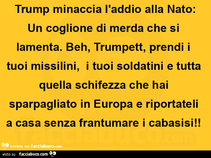 Trump minaccia l'addio alla nato: un coglione di merda che si lamenta. Beh, trumpett, prendi i  tuoi missilini,   i tuoi soldatini e tutta quella schifezza che hai sparpagliato in europa e riportateli a casa senza frantumare i cabasisi!  