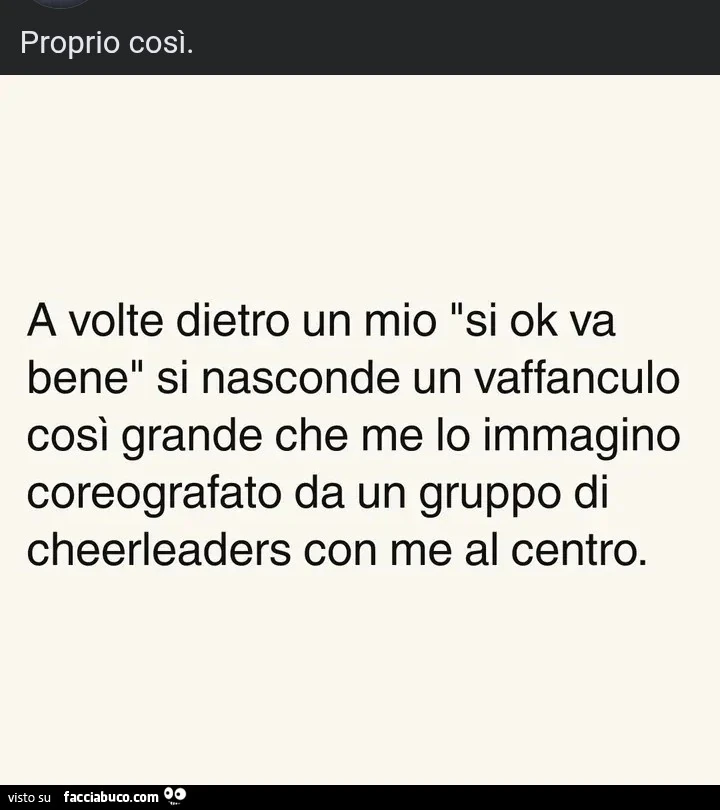 A volte dietro un mio si ok va bene si nasconde un vaffanculo cosรฌ grande che me lo immagino coreografato da un gruppo di cheerleaders con me al centro