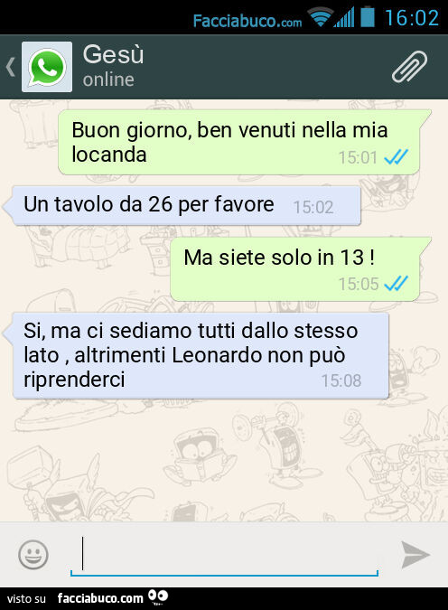 Buon giorno, ben venuti nella mia locanda. Un tavolo da 26 per favore. Ma siete solo in 13! Si, ma ci sediamo tutti dallo stesso lato, altrimenti Leonardo non può riprenderci