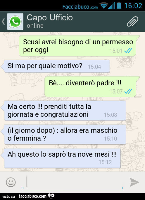 Scusi avrei bisogno di un permesso per oggi. Si ma per quale motivo? Bè&hellip; diventerò padre! Ma certo! Prenditi tutta la giornata e congratulazioni. (Il giorno dopo): allora era maschio o femmina? Ah questo lo saprò tra nove mesi