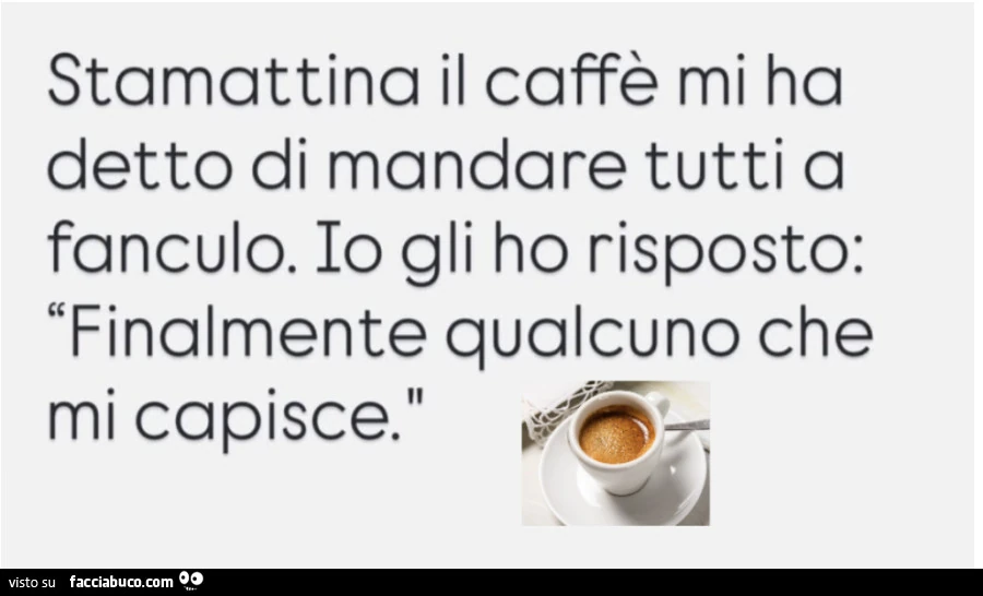 Stamattina il caffè mi ha detto di mandare tutti a fanculo. Io gli ho risposto: finalmente qualcuno che mi capisce