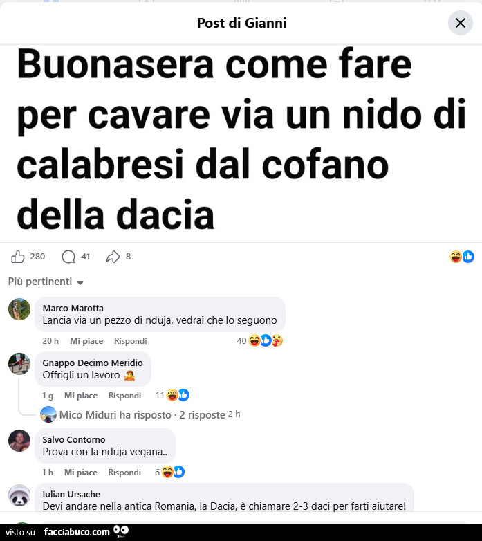 Buonasera come fare per cavare via un nido di calabresi dal cofano della dacia