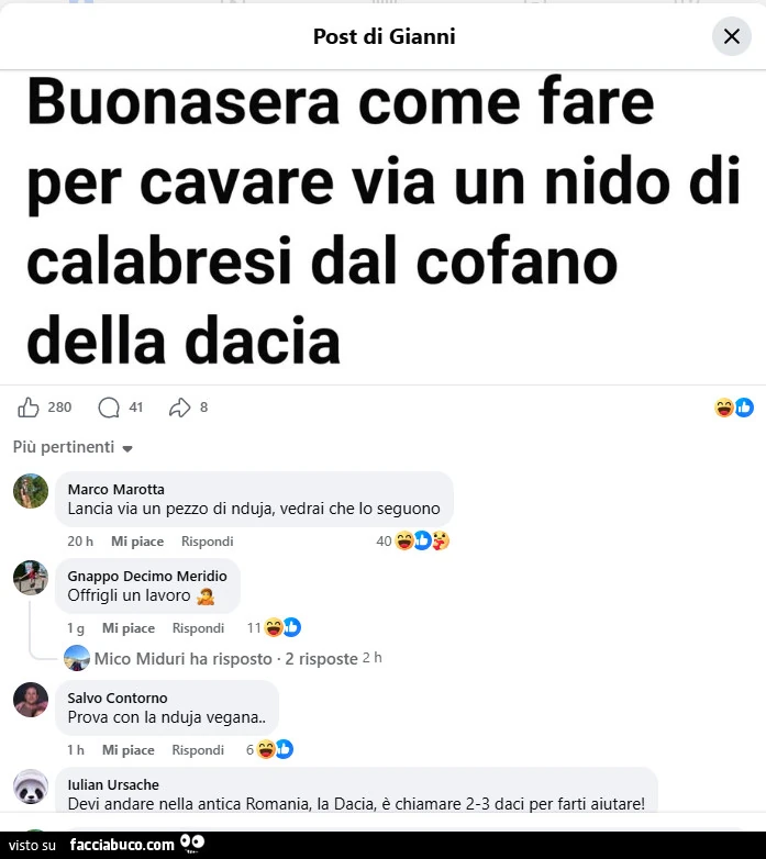 Buonasera come fare per cavare via un nido di calabresi dal cofano della dacia