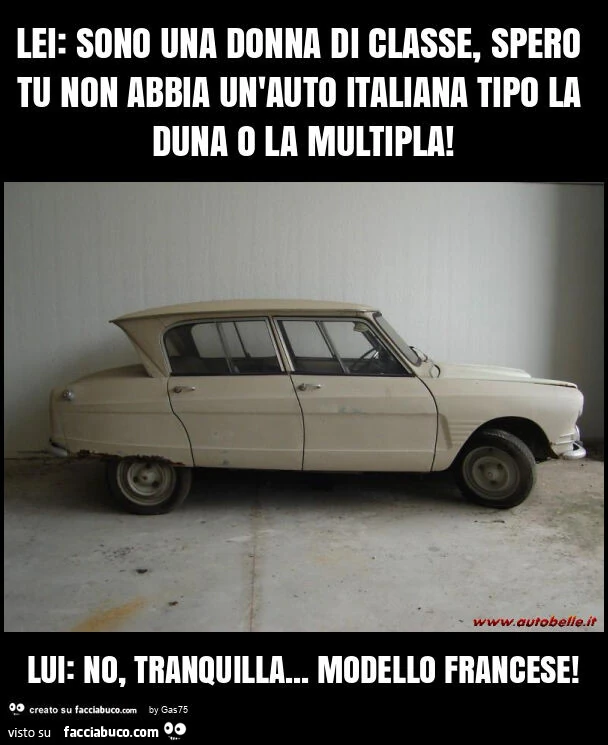 Lei: sono una donna di classe, spero tu non abbia un'auto italiana tipo la duna o la multipla! Lui: no, tranquilla… modello francese
