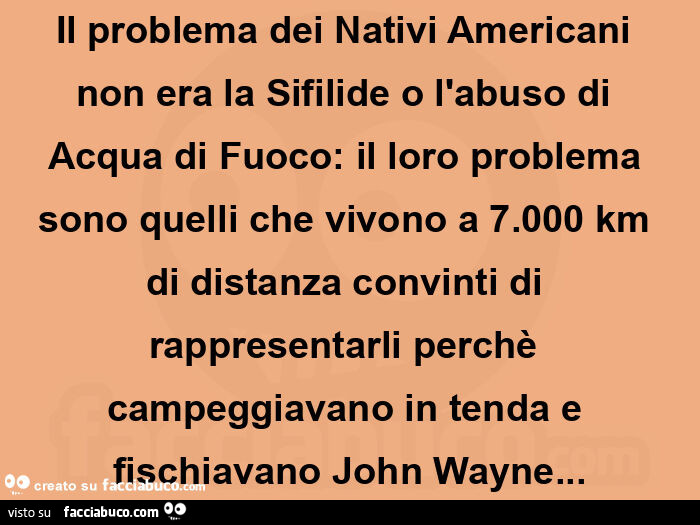 Il problema dei nativi americani non era la sifilide o l'abuso di acqua di fuoco: il loro problema sono quelli che vivono a 7.000 km di distanza convinti di rappresentarli perchè campeggiavano in tenda e fischiavano john wayne