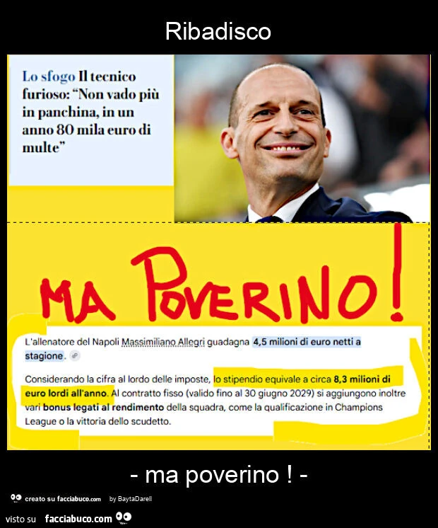 Lo sfogo di Allegri, 80.000 euro di multe&hellip; Ribadisco - ma poverino