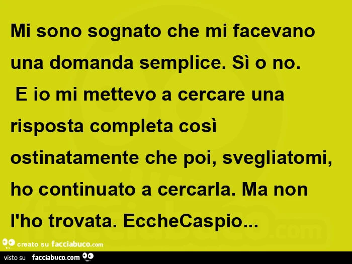 Mi sono sognato che mi facevano una domanda semplice. Sì o no.  E io mi mettevo a cercare una risposta completa così ostinatamente che poi, svegliatomi, ho continuato a cercarla. Ma non l'ho trovata. Ecchecaspio