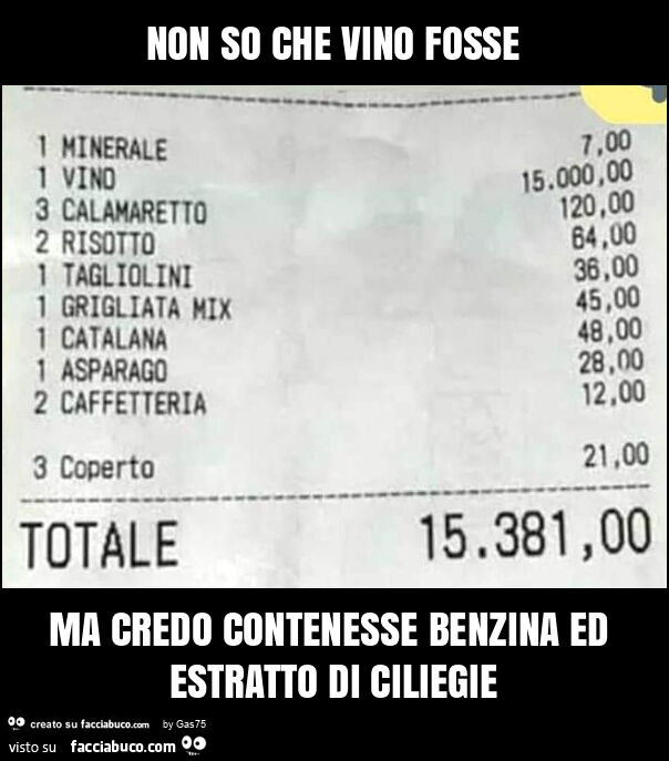 Non so che vino fosse ma credo contenesse benzina ed estratto di ciliegie