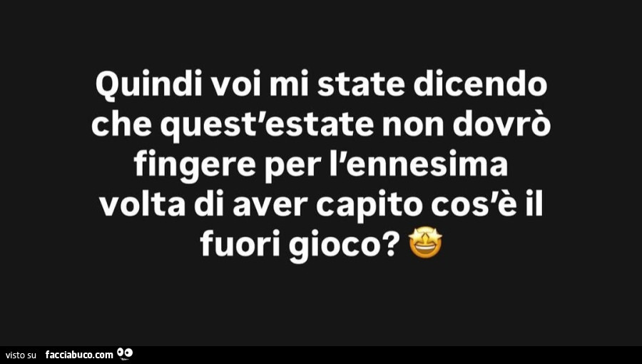 Quindi voi mi state dicendo che quest'estate non dovrò fingere per l'ennesima volta di aver capito cos'è il fuori gioco?