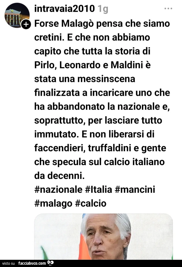 Forse malagò pensa che siamo cretini. E che non abbiamo capito che tutta la storia di pirlo, leonardo e maldini è stata una messinscena finalizzata a incaricare uno che ha abbandonato la nazionale