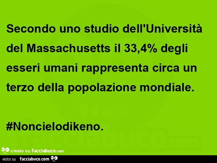 Secondo uno studio dell'università del massachusetts il 33,4% degli esseri umani rappresenta circa un terzo della popolazione mondiale. #Noncielodikeno