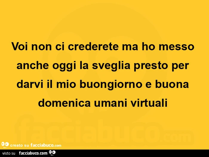 Voi non ci crederete ma ho messo anche oggi la sveglia presto per darvi il mio buongiorno e buona domenica umani virtuali 