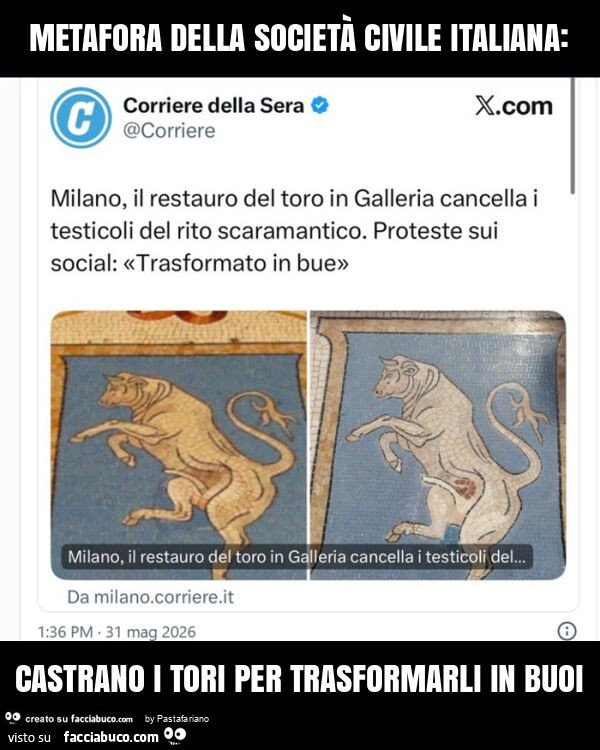 Metafora della società civile italiana: castrano i tori per trasformarli in buoi