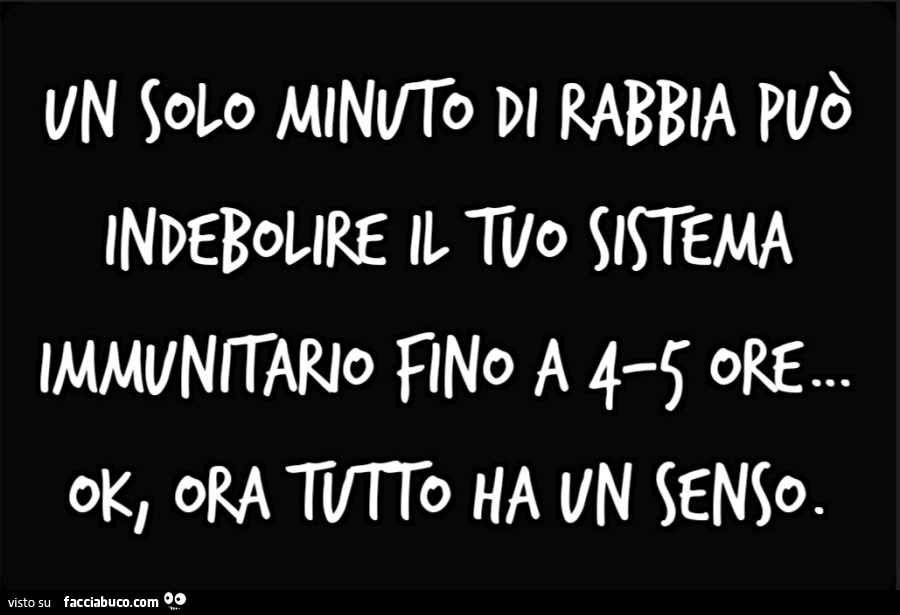 UN SOLO MINUTO DI RABBIA PUÒ INDEBOLIRE IL TUO SISTEMA IMMUNITARIO FINO A 4-5 ORe ok ora tutto ha un senso