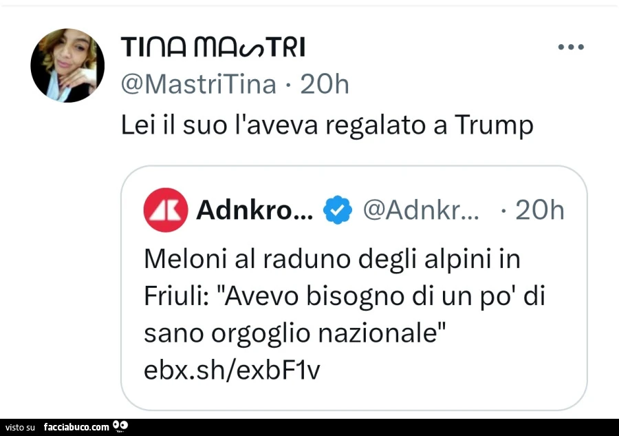 Lei il suo l'aveva regalato a trump. Meloni al raduno degli alpini in friuli: avevo bisogno di un po' di sano orgoglio nazionale